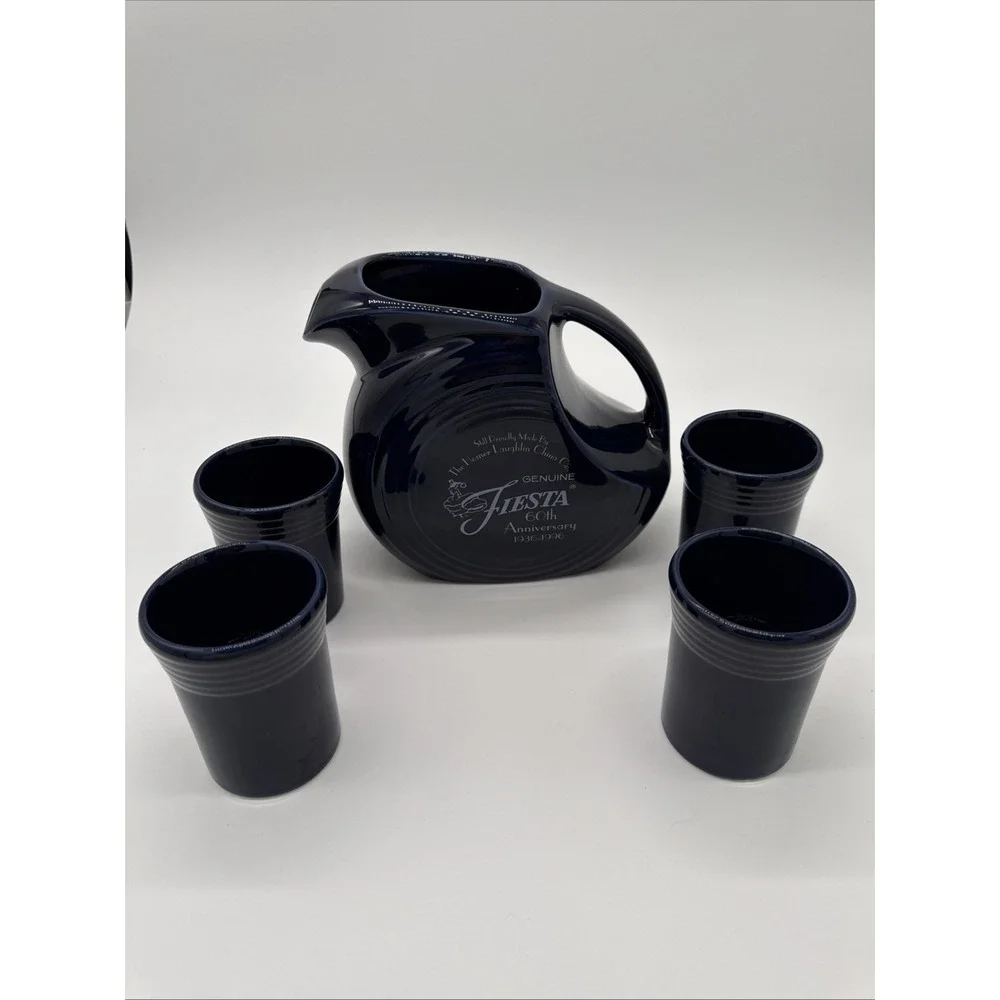 RARE RETIRED Fiestaware Fiesta Cobalt Blue 60th Anniversary Pitcher 4 Tumblers